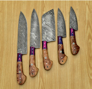 Ensemble de couteaux de chef en acier Damas fait main, 5 pièces, tranchant comme un rasoir, haute teneur en carbone, forgé, durable, logo personnalisé, manche en bois, personnalisable - Product Image 3