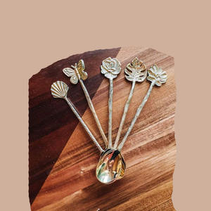 Premium Portugal Design Long Customization <b>Gold</b> Polished Ribbed Handle Spoon Set Wedding Restaurant Metal Decorative Spoon Set - Product Image 1