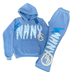 New Custom Acid Wash Tracksuit <b>Set</b> for men and Wholesale Flare Sweatpants Jogger Cropped Hoodie Distressed <b>Embroidery</b> - Product Image 6