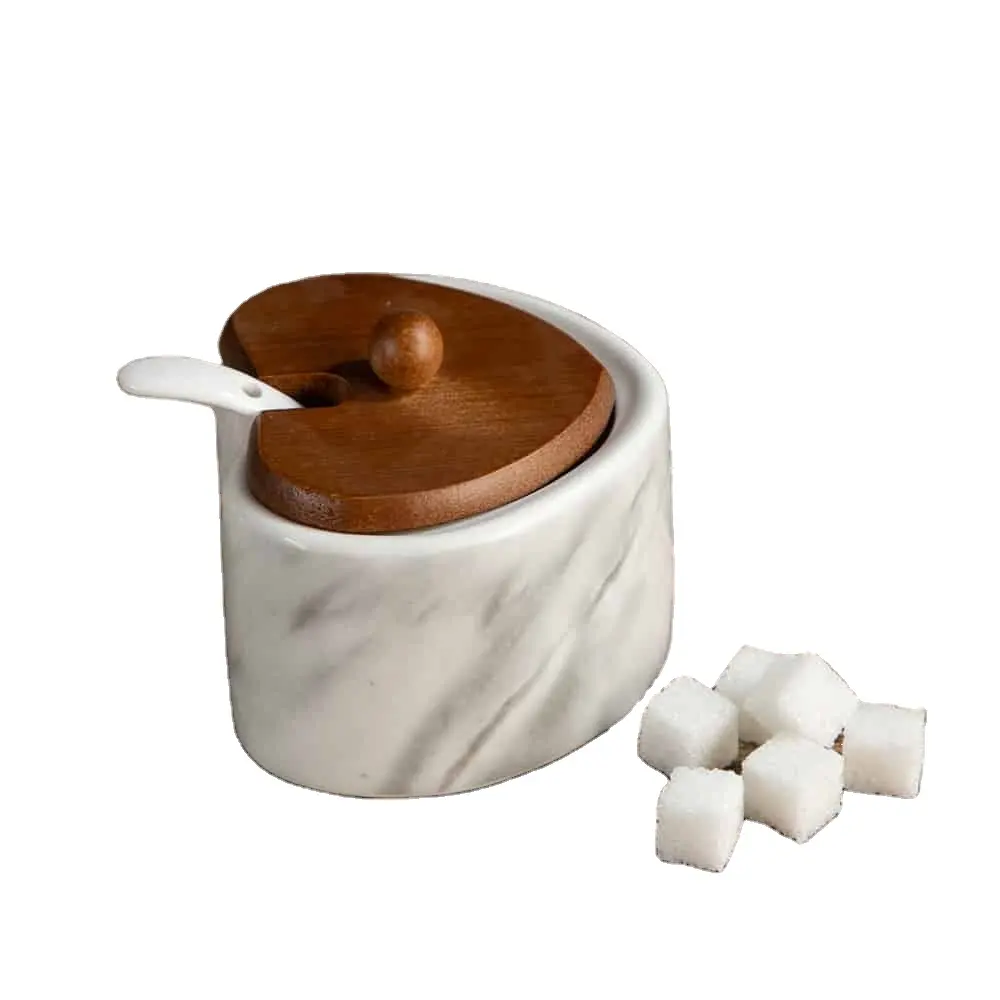 Wholesale marble salt and pepper bowl heart shape sugar cube and salt pepper bowl with wood lid & marble spoon