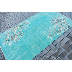 Alfombra Turca Vintage, Alfombra de 3.7x6.7 pies, Alfombra de Lana Sólida Azul y Blanca - Product Image 2