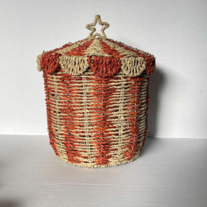 Handmade Seagrass Storage Basket with <b>Lid</b> Circus Tent <b>Design</b> Rustic Boho Decorative Organizer Made <b>by</b> VgreenArt in Vietnam - Product Image 2