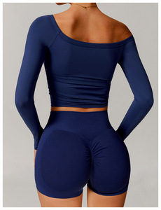 2025 nuevo Super suave Delgado hombro manga larga Crop Top gimnasio entrenamiento Yoga pantalones cortos activos conjuntos de ropa deportiva para mujer transpirable - Product Image 6