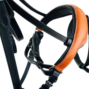 Brida de doma negra/tostada Para Caballo con banda ancha acolchada para la nariz Brida de doma de cuero Premium con Riendas de tela y tapones de mano - Product Image 2