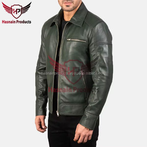 Veste en cuir véritable vert pour homme, col rabattable, fermeture éclair, poche poitrine, en peau de mouton, style motard olive, effet vieilli, sur mesure, vêtement d'extérieur hiver - Product Image 3