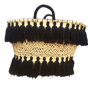 Sac fourre-tout bohème marocain fait main en paille avec pompons noirs, ouverture supérieure, doublure en coton, idéal pour la plage estivale pour femme - Product Image 1