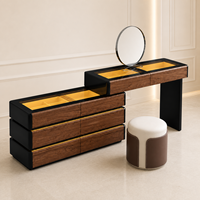 Ensemble de coiffeuse moderne en chêne sur mesure, table de maquillage de luxe pour chambre à coucher avec miroir éclairé, tabouret et tiroirs de rangement pour hôtel et villa
