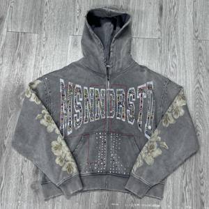 Sweat à capuche vintage en coton lourd avec logo imprimé numérique en strass personnalisé en gros pour hommes, streetwear, sweat à capuche zippé délavé - Product Image 1