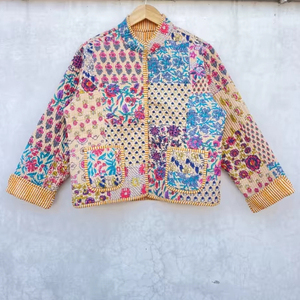 Blouson Bomber en Coton Patchwork Fait Main Indien, Vintage, Pêche, Nouveau Style, Réversible, Femme, Automne, Hiver, Été, Gonflé - Product Image 1