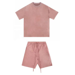 Ensemble de t-shirts à col rond pour hommes de haute qualité, en jersey de coton, ensemble de shorts délavés à l'acide, confortable, été, logo personnalisé pour hommes - Product Image 2