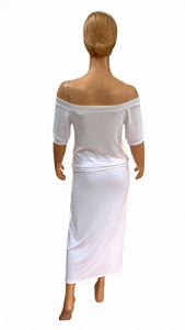 Robe midi blanche à épaules dénudées, manches mi-longues, coupe ample, décontractée, en coton tissé, couleur unie, ourlet asymétrique, taille naturelle - Product Image 3