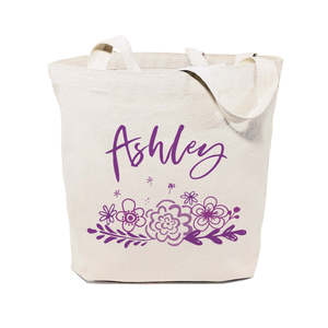 Personalized Name Purple Floral Cotton Canvas Tote Bag Embroidery Letter Decoration Polyester Lining Fashionable Open for All - Product Image 1