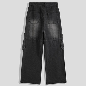Jeans de travail multi-poches à fermeture éclair personnalisés pour hommes, ample, hip-hop, denim baggy noir avec délavage foncé, style vadrouille au sol à jambes larges - Product Image 2