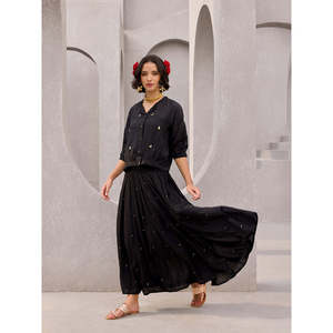 Bohemian Bow Collar <b>Top</b> <b>and</b> <b>Skirt</b> Set-Woven Cotton Blend Summer Autumn Casual - Product Image 1