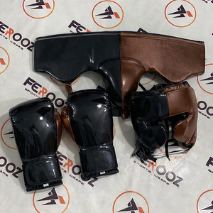 Ensemble de protection personnalisé OEM noir et marron pour le fly boxing et le sparring – Gants, casque et protection inguinale pour l'entraînement de l'arts martiaux et du kickboxing - Product Image 1