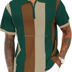 Camiseta de manga corta de punto para hombre, camiseta transpirable de verano, cuello con cremallera, ropa informal a rayas, OEM, logotipo personalizado para hombre - Product Image 3