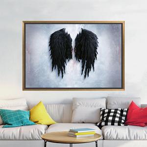 Obra de arte moderna en lienzo de ángel: impresión abstracta de alas negras, lienzo con marco dorado - Product Image 1
