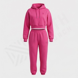 Conjunto Deportivo de Dos Piezas para Mujer, Sudadera Corta con Capucha y Pantalones de Chándal de Felpa de Algodón, Color Personalizado, al por Mayor - Product Image 1