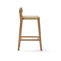 Tabouret de bar moderne avec structure en teck massif et assise en rotin tressé, écologique et durable, pour bar à domicile, hôtel, salon, usage extérieur