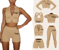 Ensemble de yoga 2 pièces côtelé en spandex pour femme – Haut court sans col respirant et leggings longs sans couture, couleur unie, toutes saisons