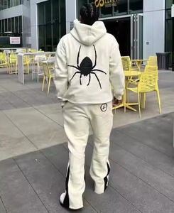 Chándales de algodón 100% de alta calidad, conjunto de pantalones de chándal y Sudadera con capucha, logotipo personalizado, sudadera con dobladillo crudo para hombre, pantalones acampanados, conjunto de Sudadera con capucha - Product Image 3