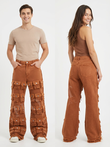 New Arrival Purple Color Vintage Denim Cargo Pants Front Back Multi Pocket Streetwear Loose Fit Utility Fashion Denim Trousers - Product Image 3