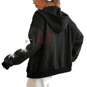 Sudadera con capucha informal con diamantes de imitación para mujer con estampado frontal personalizado OEM, forro polar con cremallera completa de invierno 100% algodón - Product Image 2