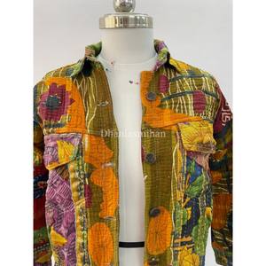 Handmade Unisex Indian Cotton Kantha <b>Denim</b> <b>Jacket</b> Quilted Patchwork Design with Button Down Short Windproof Style - Product Image 3