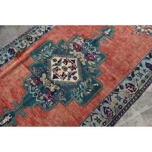 Vintage Turkish Rug, 4.8x10.3 ft Rug, <b>Red</b> Blue Ikat <b>Wool</b> Rug - Product Image 5
