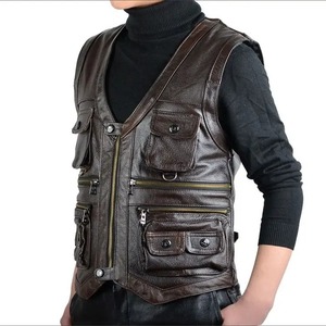 Cowhide <b>Leather</b> Vest Men Brown Waistcoat Male <b>Sleeveless</b> <b>Jacket</b> Thick High Quality Motorcycle Vest Multi Pocket Zipper - Product Image 1