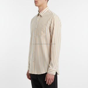 Camisa de Vestir a Rayas para Hombre de Alta Calidad, Manga Larga, Corte Entallado, Formal, para Negocios, Tela Suave, Color Caqui Blanco con Rayas Verticales - Product Image 3