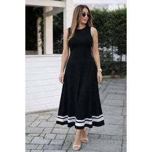 Women's Strappy Round Neck Long <b>Viscose</b> <b>Dress</b> with Ribbon Hem Detail, 34717 - Black - Product Image 1