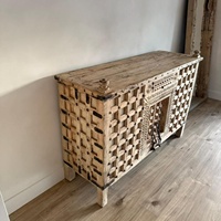 Comptoir de bar en teck antique artisanal, dessus massif sculpté vintage, console rustique, meubles de maison, entrée, réception, bureau d'accueil
