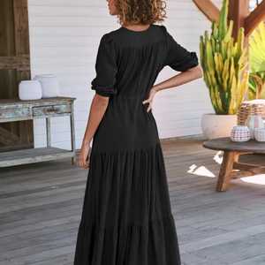 เดรสแม็กซี่โบฮีเมียนยาวสีน้ำเงินสำหรับผู้หญิงชุดเดรสยาวแบบโบฮีเมียนแขนสามส่วนสำหรับใส่ในวันหยุดของผู้หญิง - Product Image 4