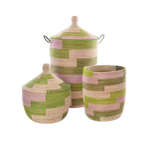 High Quality Rustic Seagrass Eco-Friendly Set 3 Woven Storage Baskets Handles Lid Spring <b>Collection</b> Customized Color Home - Product Image 4