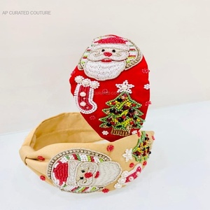 Luxurious Traditional Red Santa Turban Style Beads and Pearls Hand Embellished Christmas Theme Headpiece for Girls and Women - Product Image 2