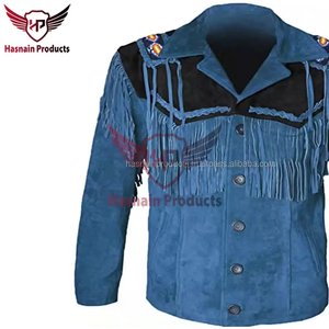 Veste occidentale perlée à franges en cuir suédé de vache bleu de qualité supérieure vêtements d'extérieur de rodéo fabriqués à la main pour hommes et femmes - Product Image 2