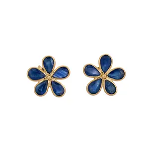 Handcrafted Authentic Pear Blue Sapphire Floral Design Gemstone Earrings 18K Solid Yellow Gold Stud Earrings Fine Jewelry