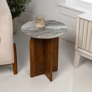 Mesa Auxiliar Rústica Minimalista con Base en X de Mármol y Madera, Mesa de Centro de Madera - Product Image 1