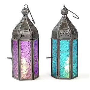 Juego de 2 faroles marroquíes dorados de metal con Vidrio colorido para decoración de iluminación de hogar y Hotel, farol disponible a bajo precio - Product Image 5