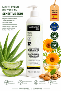 Crème pour le corps pour peaux sensibles en marque privée 300ml OEM |   Crème hydratante apaisante |   Végétalien Biologique |   Fabriqué en Espagne Fournisseur UE - Product Image 1