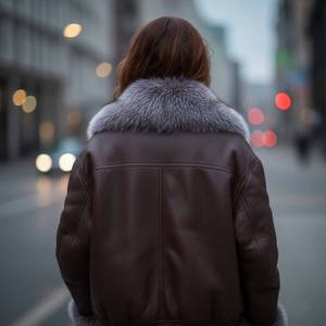 Veste de motard en cuir véritable pour femme avec col en fourrure de renard et fermeture éclair, streetwear d'hiver - Product Image 4