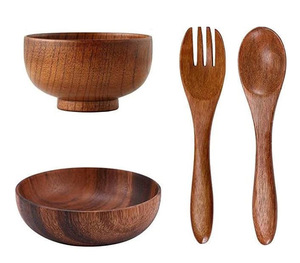 Juego de Vajilla de Madera de Acacia de 4 Piezas - Juego de Tazón, Cuchara y Tenedor de Madera Natural - Juego de Vajilla Ecológico para Ensalada y Sopa - Product Image 2