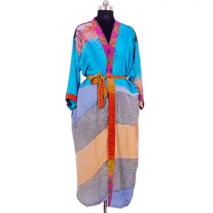Áo Kimono Lụa Cho Nữ Áo Kimono Cổ Điển Áo Choàng Lụa Áo Choàng Dài Sari Lụa Mềm Ấn Độ Đồ Ngủ Đầm Đi Biển Áo Choàng Ngủ