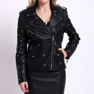 Women's Black PU <b>Leather</b> <b>Biker</b> <b>Jacket</b> Full Sleeve Zipper Closure Star Embellished Custom <b>Leather</b> <b>Jackets</b> - Product Image 2