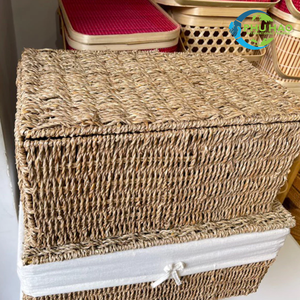 Cesta de almacenamiento de hierba marina cuadrada decorativa con forro de algodón extraíble, marco de Metal duradero, organizador hecho a mano para estantes - Product Image 3