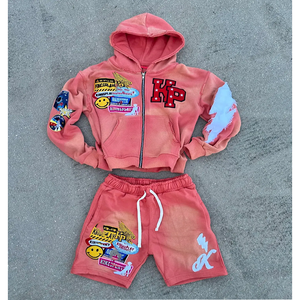 Custom logo OEM Acid Wash Sun Faded Distressed Vintage Hoodie and Sweat <b>Shorts</b> <b>Zip</b> up Hoodie Puff Print <b>Shorts</b> Set <b>Men</b> tracksuit - Product Image 1
