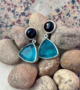 925 Sterling Silver Paraiba Tourmaline With Black Obsidian <b>Earring</b> , <b>Beautiful</b> Women <b>Earring</b> . - Product Image 1