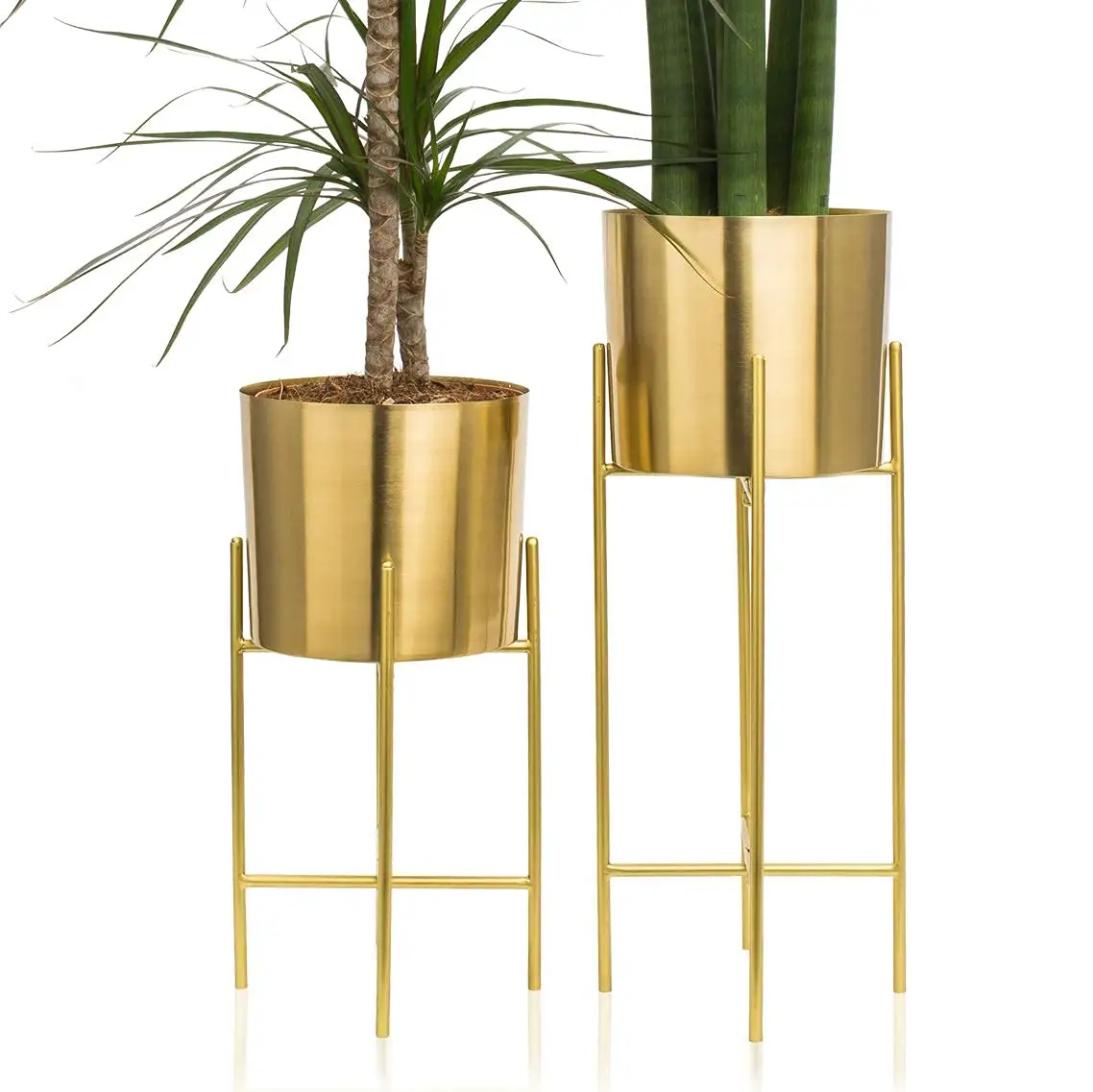 Modern Gold Metal Flower Pot with Metal Stand Tall Planter Floor Table Decor Plant Holder Display Set of 2