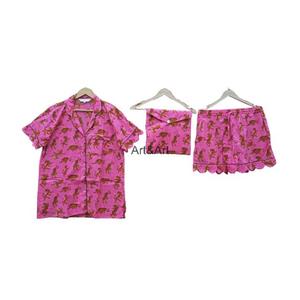 Conjunto de Pijama de Lujo Elegante y Suave de Algodón Orgánico Puro y Transpirable para Mujer, Estampado Ikat, Manga Corta, Cintura Elástica, para Descansar en Verano - Product Image 3